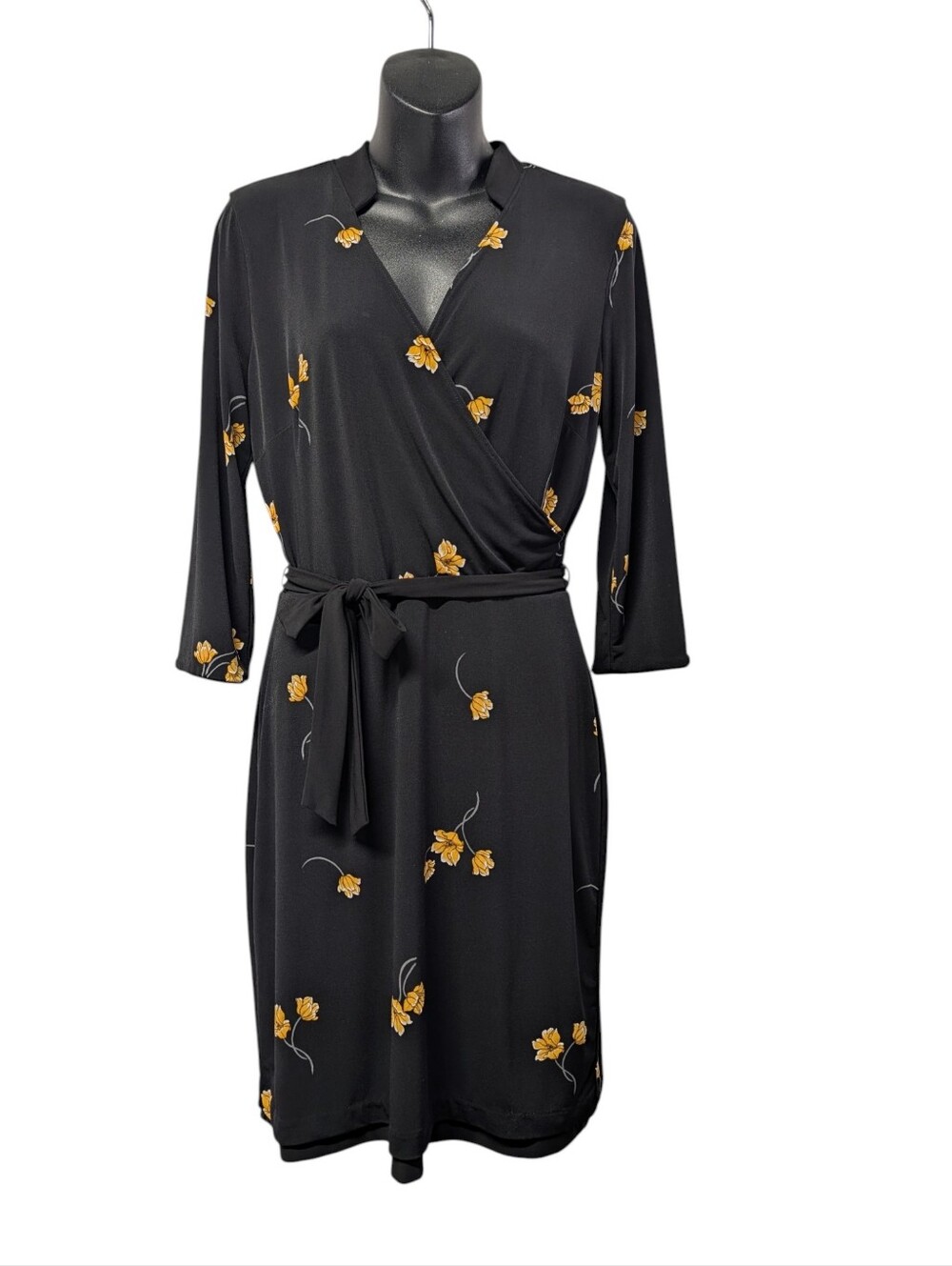White House Black Market Black Yellow Floral Wrap Dress Size 6 3/4 Sleeve